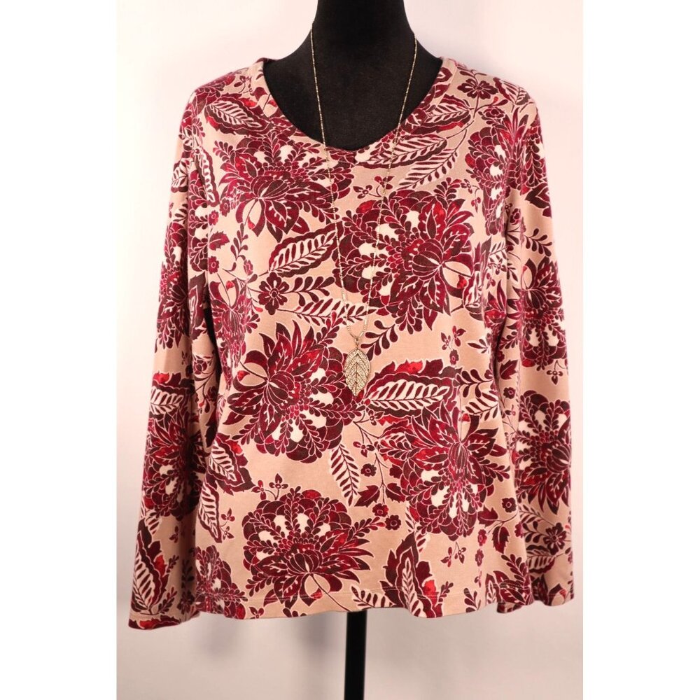 Croft‎ & Barrow Women's Floral Long Sleeve Tee Shirt Size L Beige Red